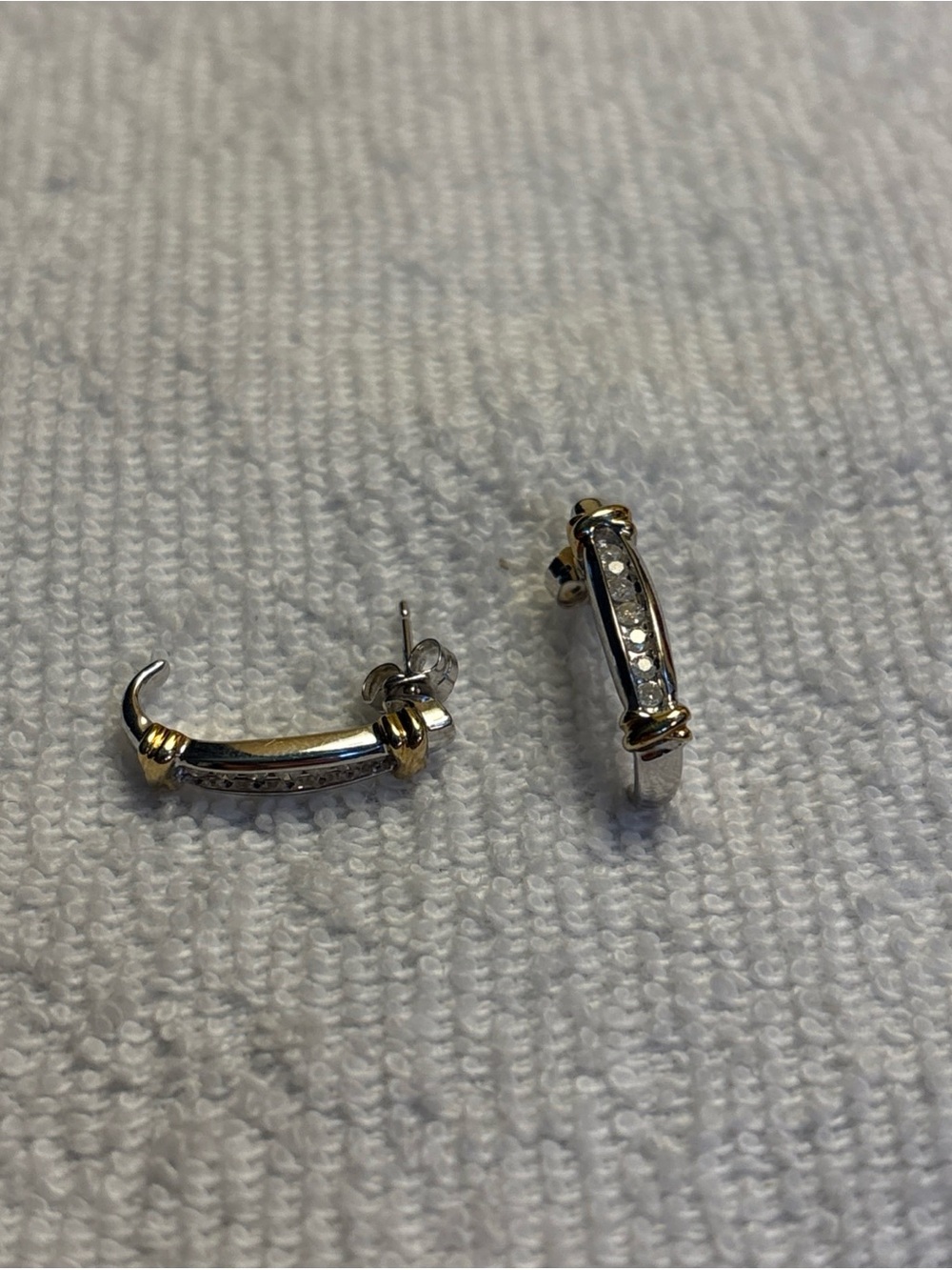 Vintage 10K Yellow and White Gold And Diamond J-Hoop Post Earrings